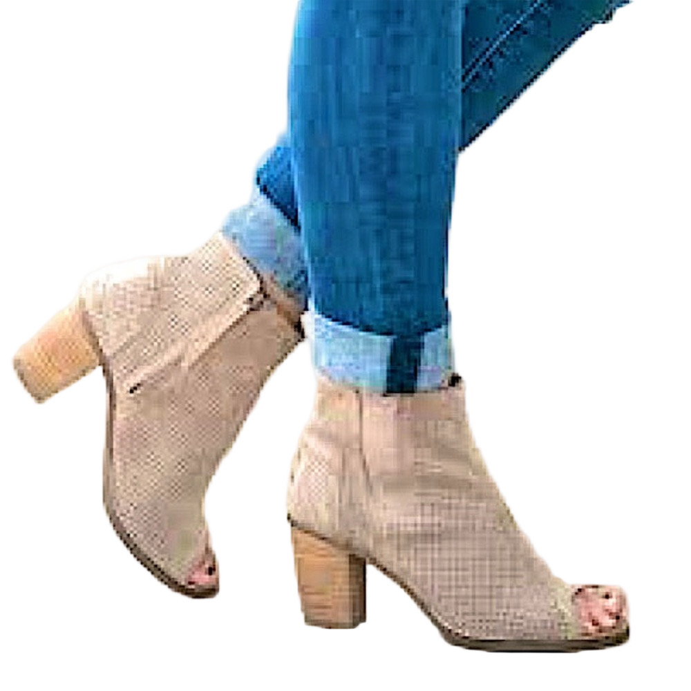TOMS Suede Heeled Ankle Boots Open Toe Taupe Tan Gray Size 8 Perforated Bohemian